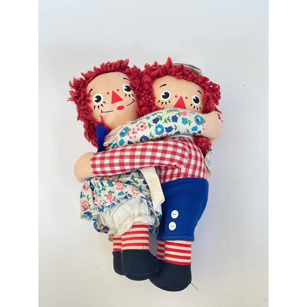Vintage Knickerbocker Raggedy Ann and Andy Hugging Dolls 7.5 Inch Red Yarn Hair